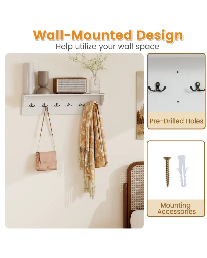 Wall Hooks with Shelf 31.5inch Wooden Coat Rack with 6 Hooks for Hats Towels Purses Robes-White - White - Coat Racks &
