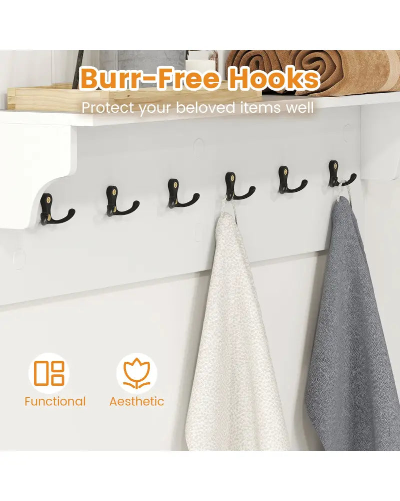 Wall Hooks with Shelf 31.5inch Wooden Coat Rack with 6 Hooks for Hats Towels Purses Robes-White - White - Coat Racks &