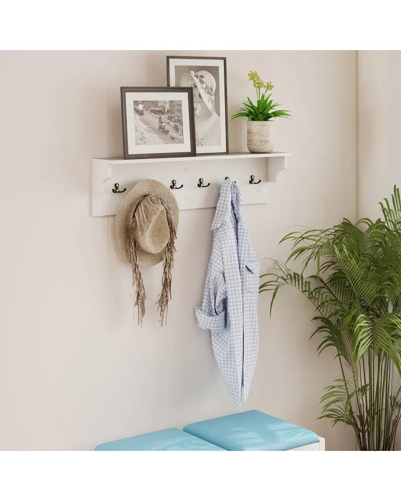 Wall Hooks with Shelf 31.5inch Wooden Coat Rack with 6 Hooks for Hats Towels Purses Robes-White - White - Coat Racks &