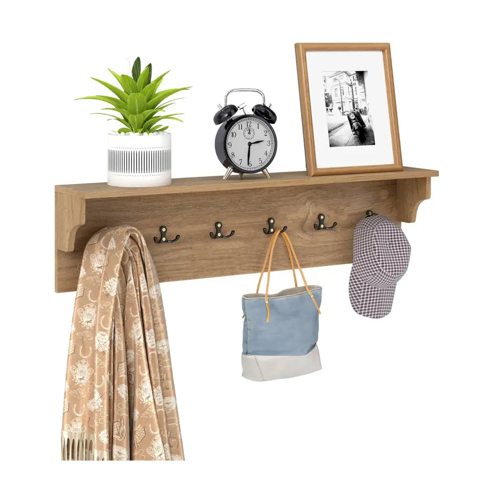 Wall Hooks with Shelf 31.5inch Wooden Coat Rack with 6 Hooks for Hats Towels Purses Robes-Natural - Natural - Coat