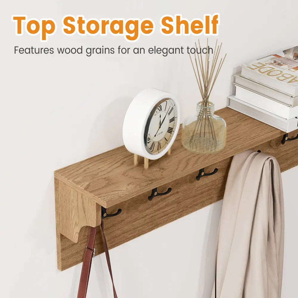 Wall Hooks with Shelf 31.5inch Wooden Coat Rack with 6 Hooks for Hats Towels Purses Robes-Natural - Natural - Coat