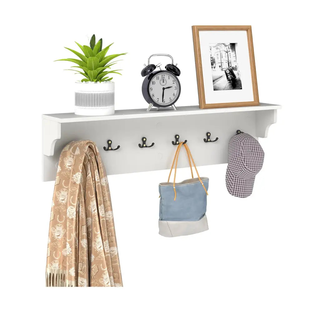 Wall Hooks with Shelf 31.5inch Wooden Coat Rack with 6 Hooks for Hats Towels Purses Robes-White - White - Coat Racks &