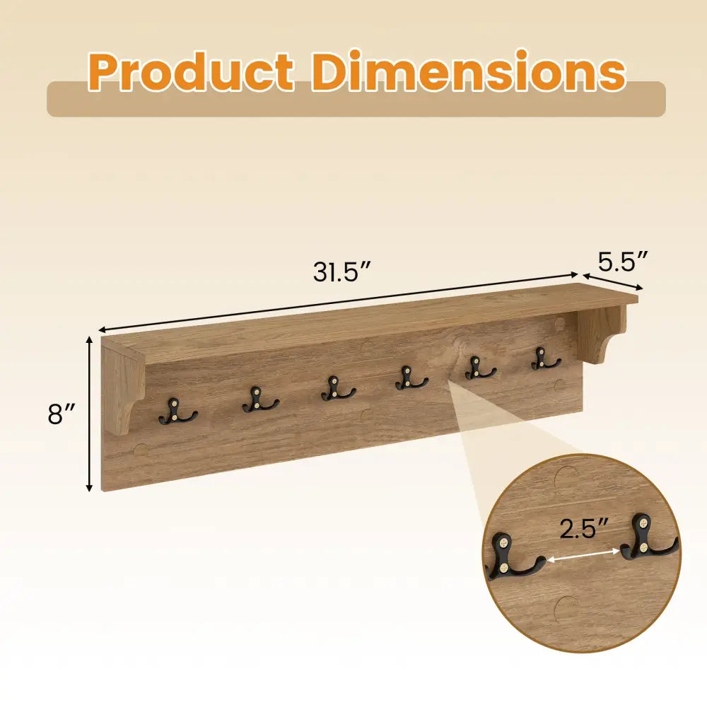 Wall Hooks with Shelf 31.5inch Wooden Coat Rack with 6 Hooks for Hats Towels Purses Robes-Natural - Natural - Coat