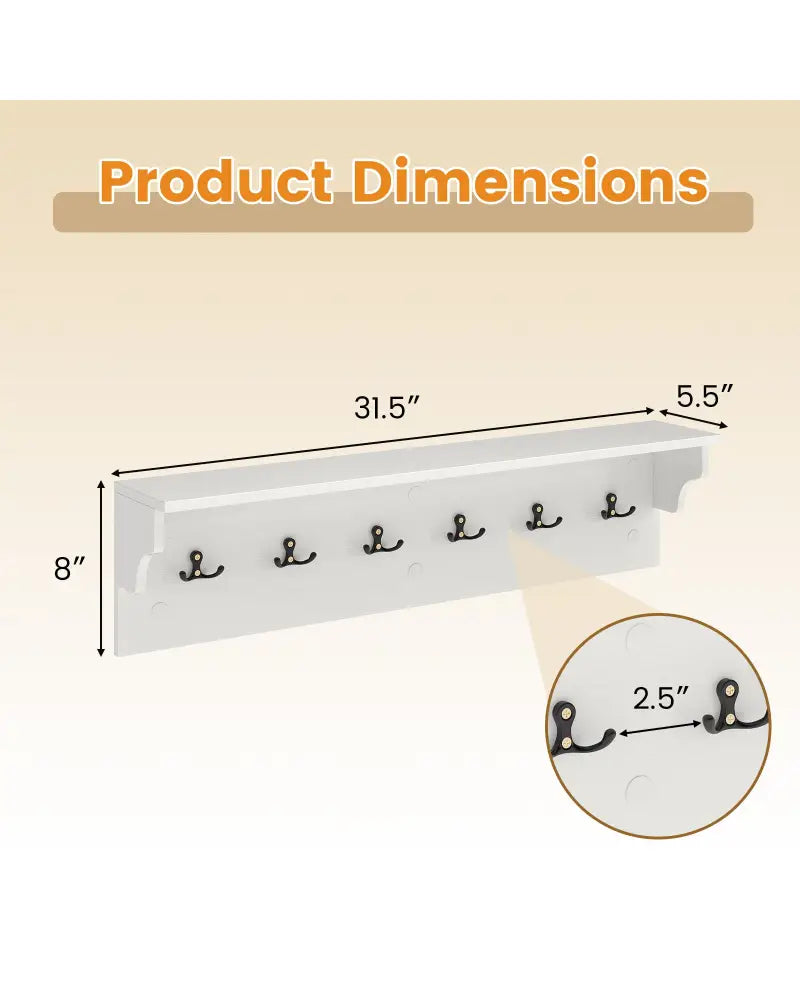 Wall Hooks with Shelf 31.5inch Wooden Coat Rack with 6 Hooks for Hats Towels Purses Robes-White - White - Coat Racks &