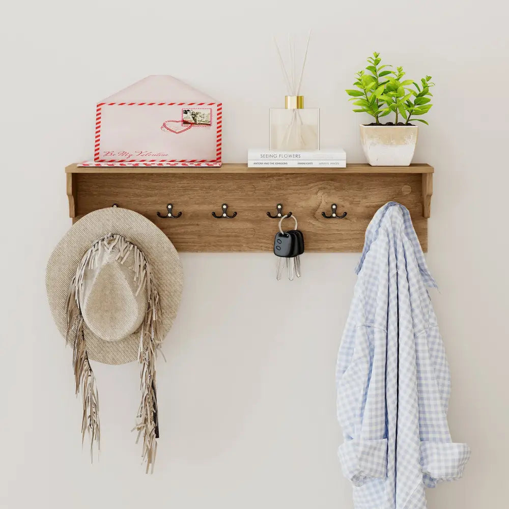 Wall Hooks with Shelf 31.5inch Wooden Coat Rack with 6 Hooks for Hats Towels Purses Robes-Natural - Natural - Coat