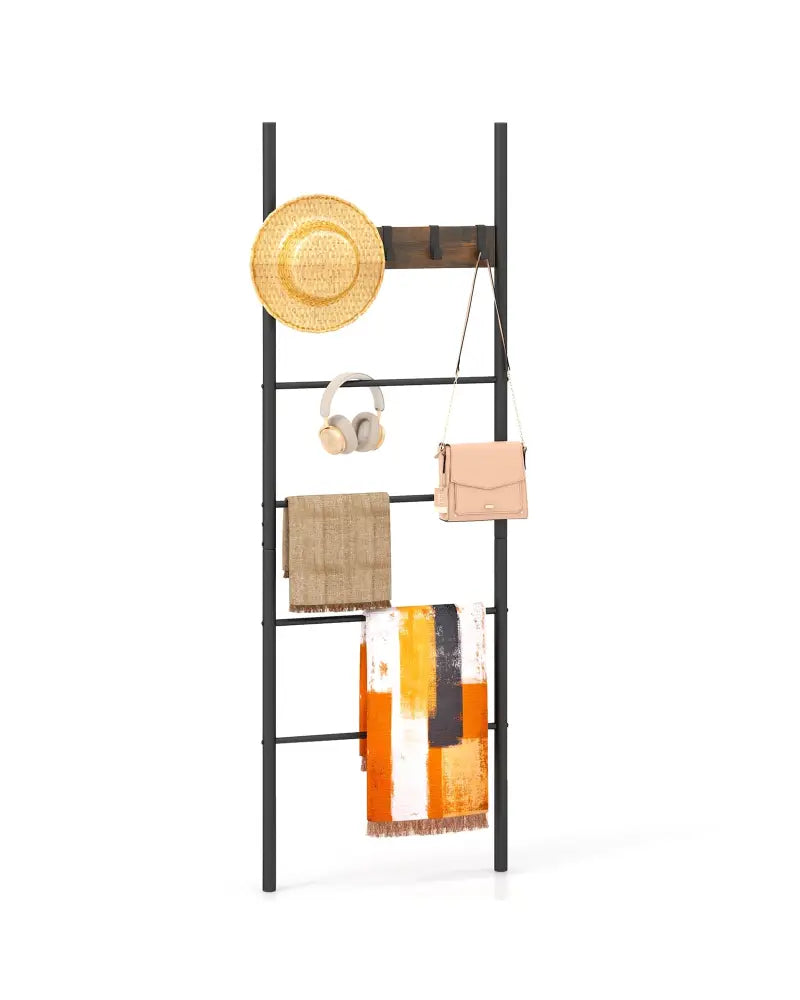 Wall-Leaning Decorative Blanket Holder with 5 Removable Hooks - Rustic Brown - Clothing & Closet Storage