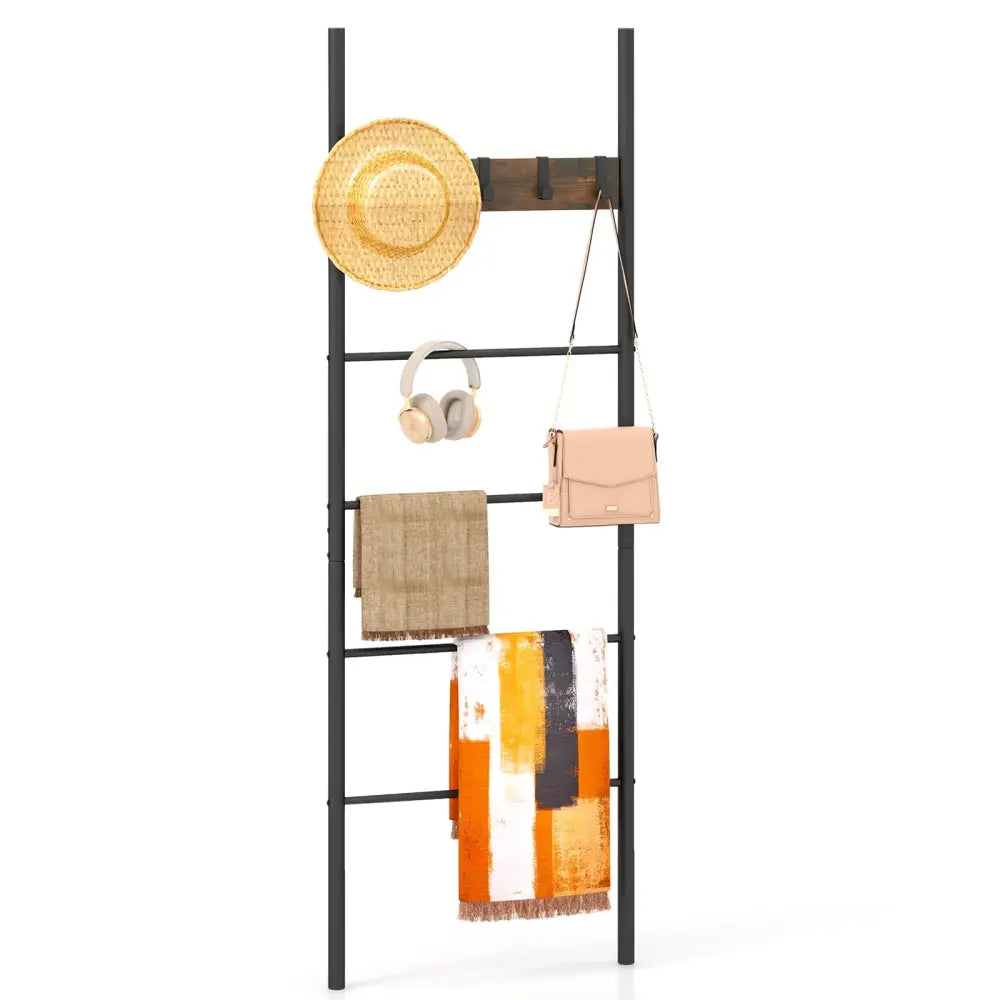 Wall-Leaning Decorative Blanket Holder with 5 Removable Hooks - Rustic Brown - Clothing & Closet Storage