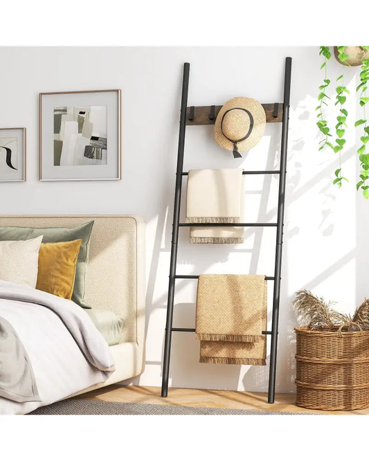 Wall-Leaning Decorative Blanket Holder with 5 Removable Hooks - Rustic Brown - Clothing & Closet Storage