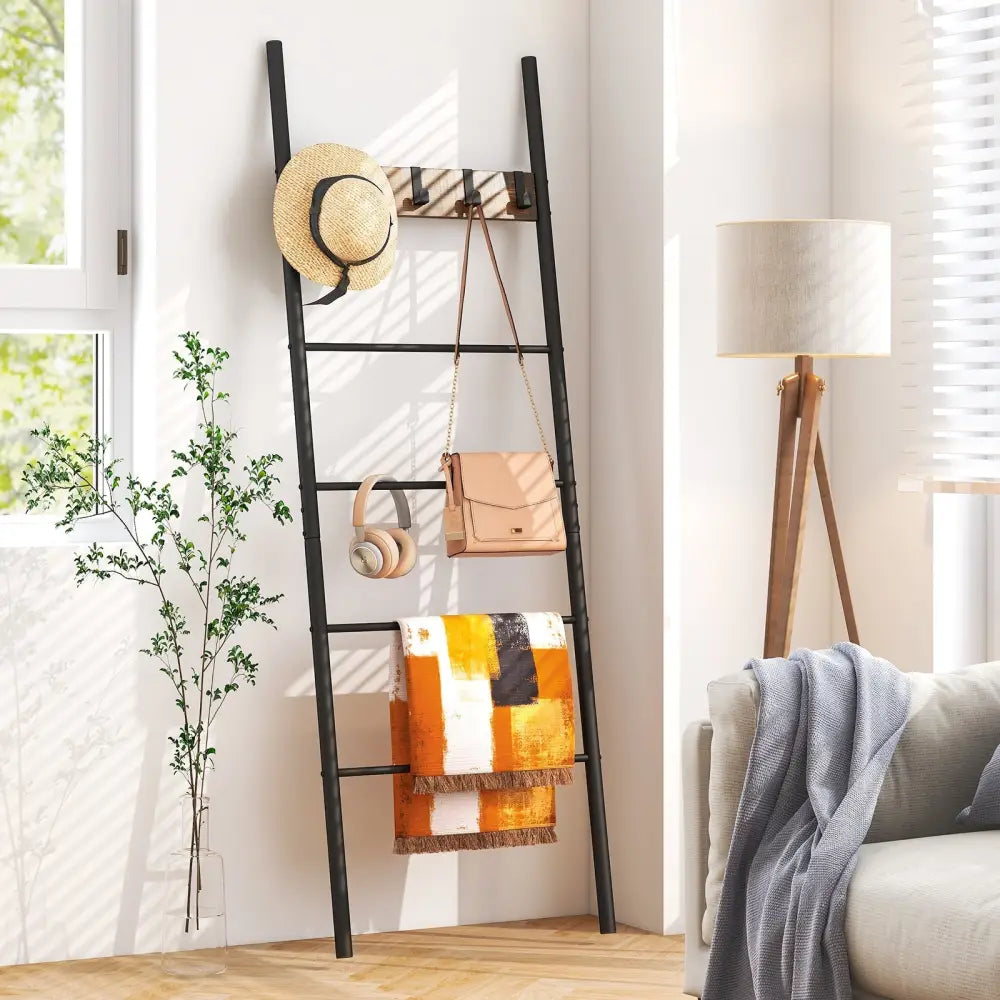Wall-Leaning Decorative Blanket Holder with 5 Removable Hooks - Rustic Brown - Clothing & Closet Storage