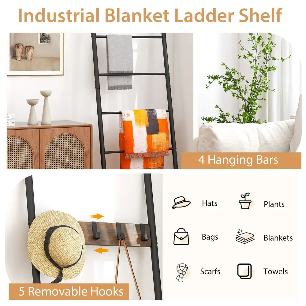 Wall-Leaning Decorative Blanket Holder with 5 Removable Hooks - Rustic Brown - Clothing & Closet Storage