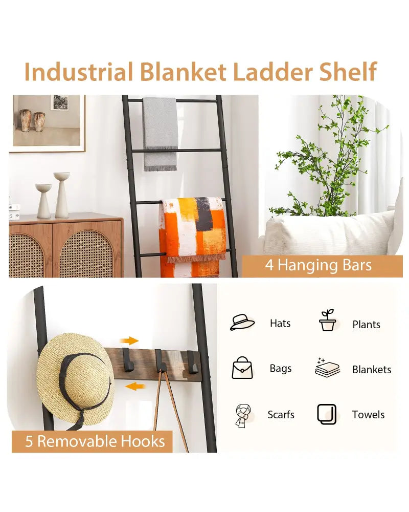 Wall-Leaning Decorative Blanket Holder with 5 Removable Hooks - Rustic Brown - Clothing & Closet Storage