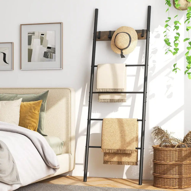 Wall-Leaning Decorative Blanket Holder with 5 Removable Hooks - Rustic Brown - Clothing & Closet Storage