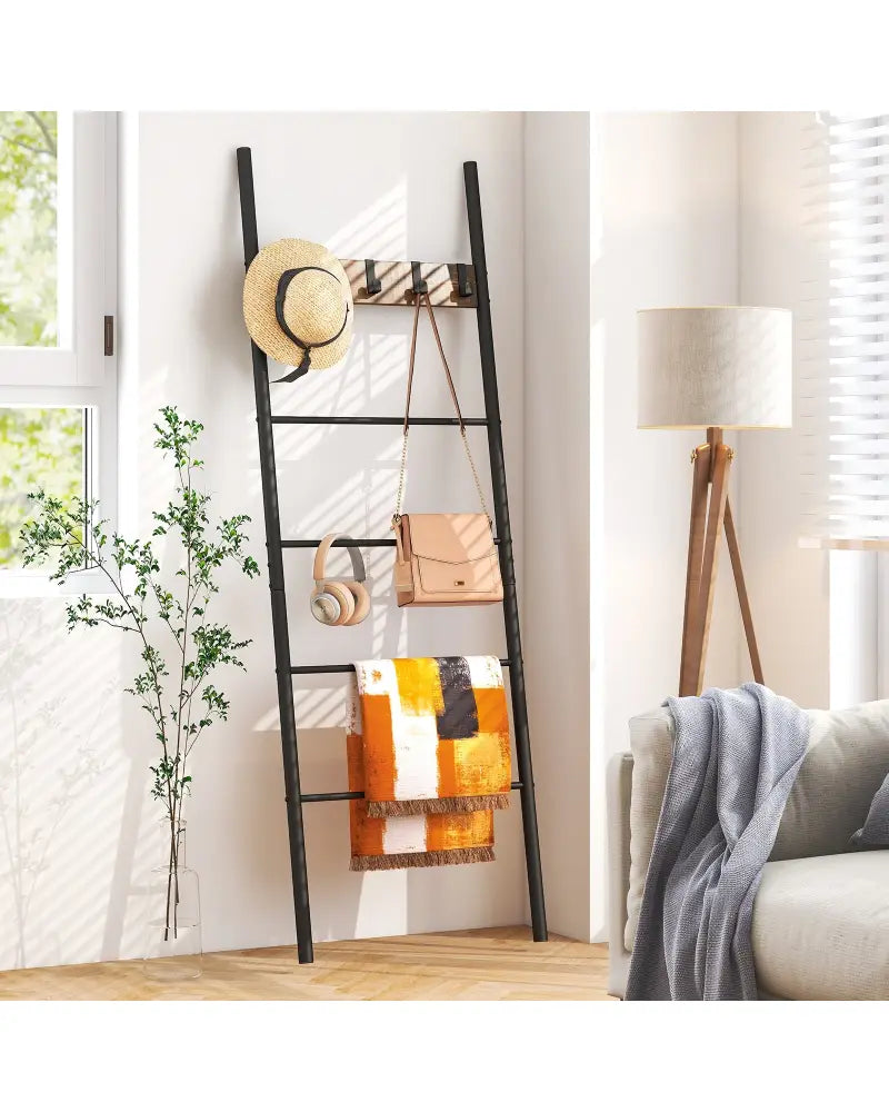 Wall-Leaning Decorative Blanket Holder with 5 Removable Hooks - Rustic Brown - Clothing & Closet Storage