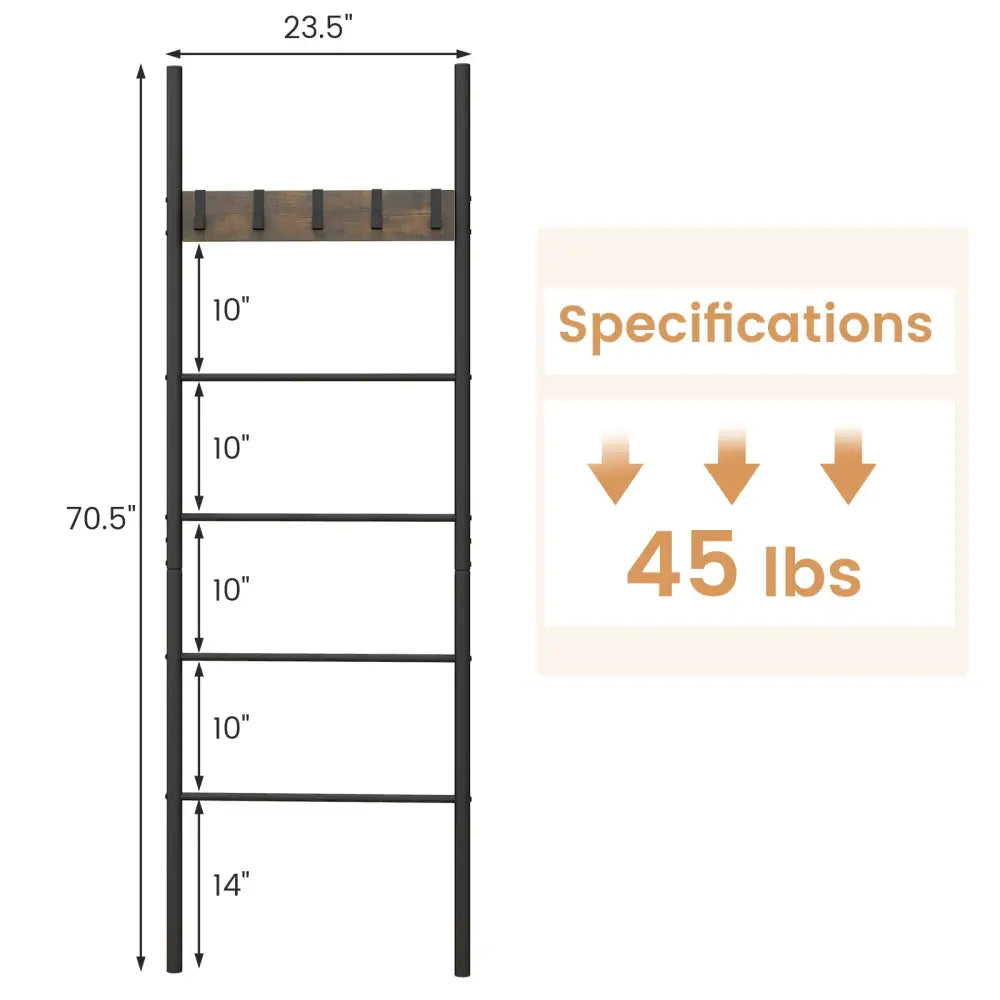 Wall-Leaning Decorative Blanket Holder with 5 Removable Hooks - Rustic Brown - Clothing & Closet Storage