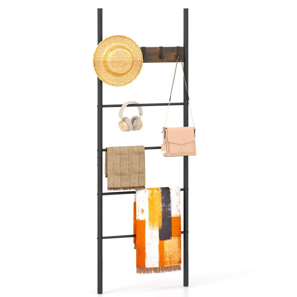 Wall-Leaning Decorative Blanket Holder with 5 Removable Hooks - Rustic Brown - Clothing & Closet Storage