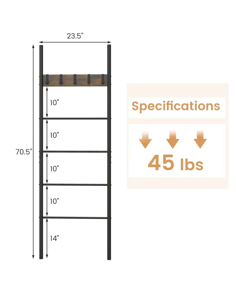 Wall-Leaning Decorative Blanket Holder with 5 Removable Hooks - Rustic Brown - Clothing & Closet Storage