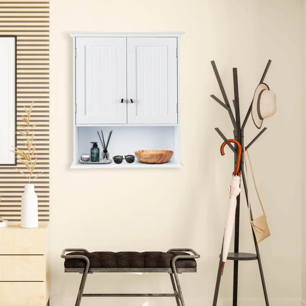 Wall Mount Bathroom Cabinet Storage Organizer with Doors and Shelves-White - White - Wall Cabinets