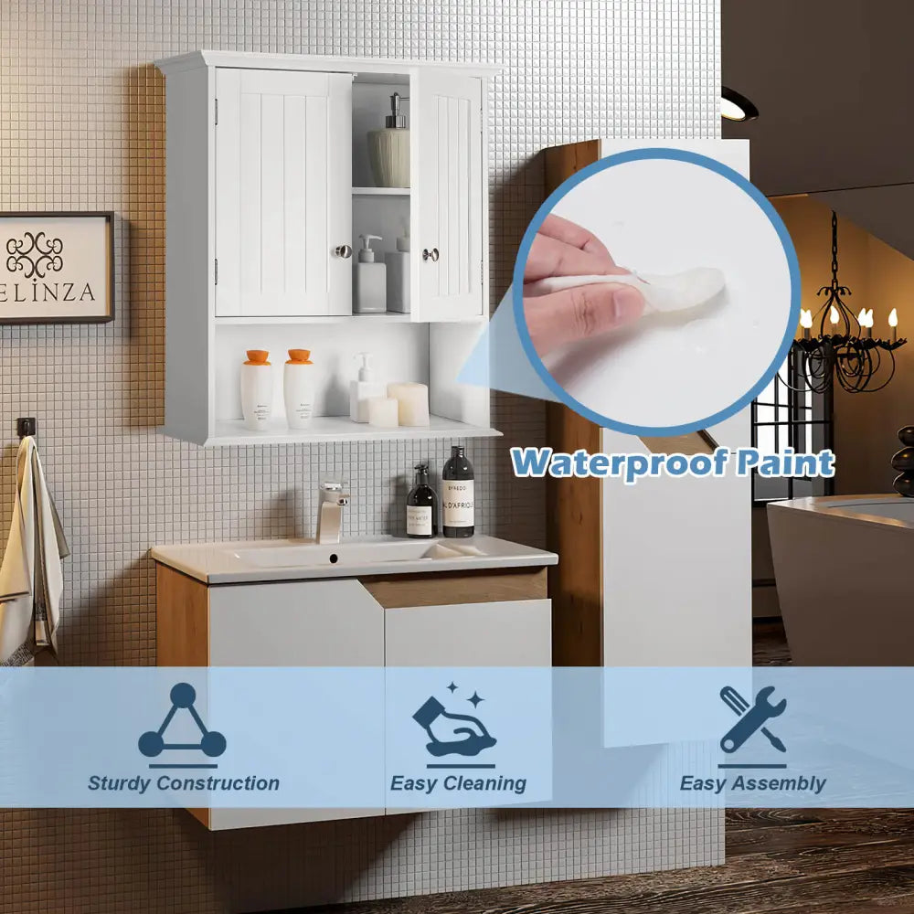Wall Mount Bathroom Cabinet Storage Organizer with Doors and Shelves-White - White - Wall Cabinets