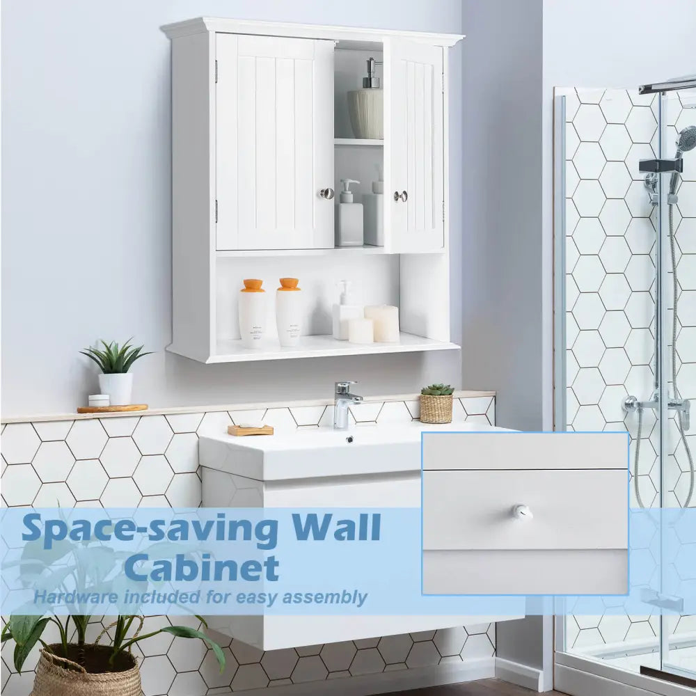 Wall Mount Bathroom Cabinet Storage Organizer with Doors and Shelves-White - White - Wall Cabinets