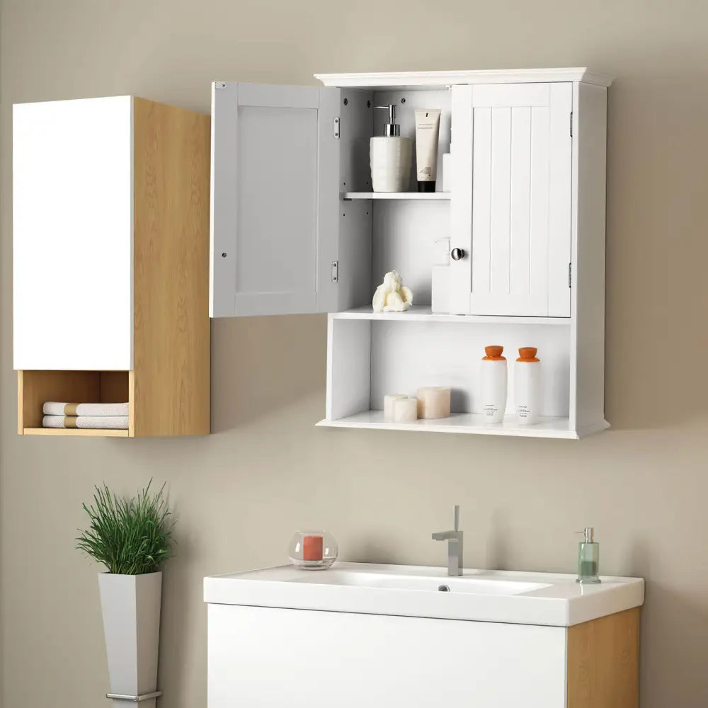 Wall Mount Bathroom Cabinet Storage Organizer with Doors and Shelves-White - White - Wall Cabinets