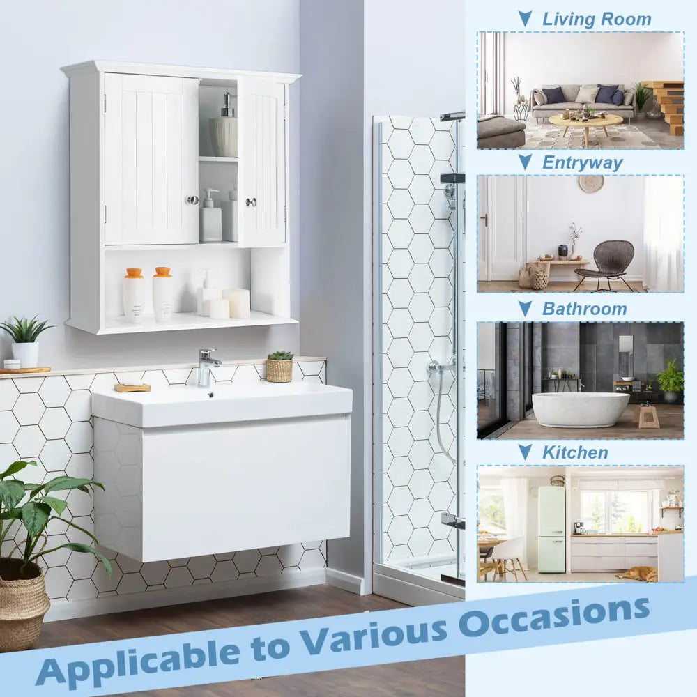 Wall Mount Bathroom Cabinet Storage Organizer with Doors and Shelves-White - White - Wall Cabinets