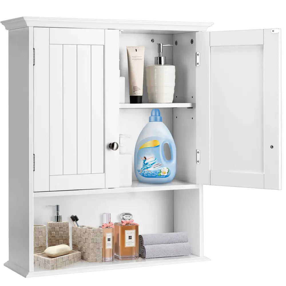 Wall Mount Bathroom Cabinet Storage Organizer with Doors and Shelves-White - White - Wall Cabinets