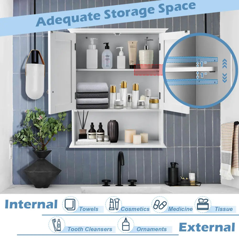 Wall Mount Bathroom Cabinet Storage Organizer with Doors and Shelves-White - White - Wall Cabinets