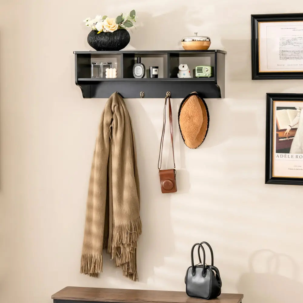 Wall Mount Cubby Organizer Hooks Entryway Storage Shelf-Black - Black - Coat Racks & Hall Trees