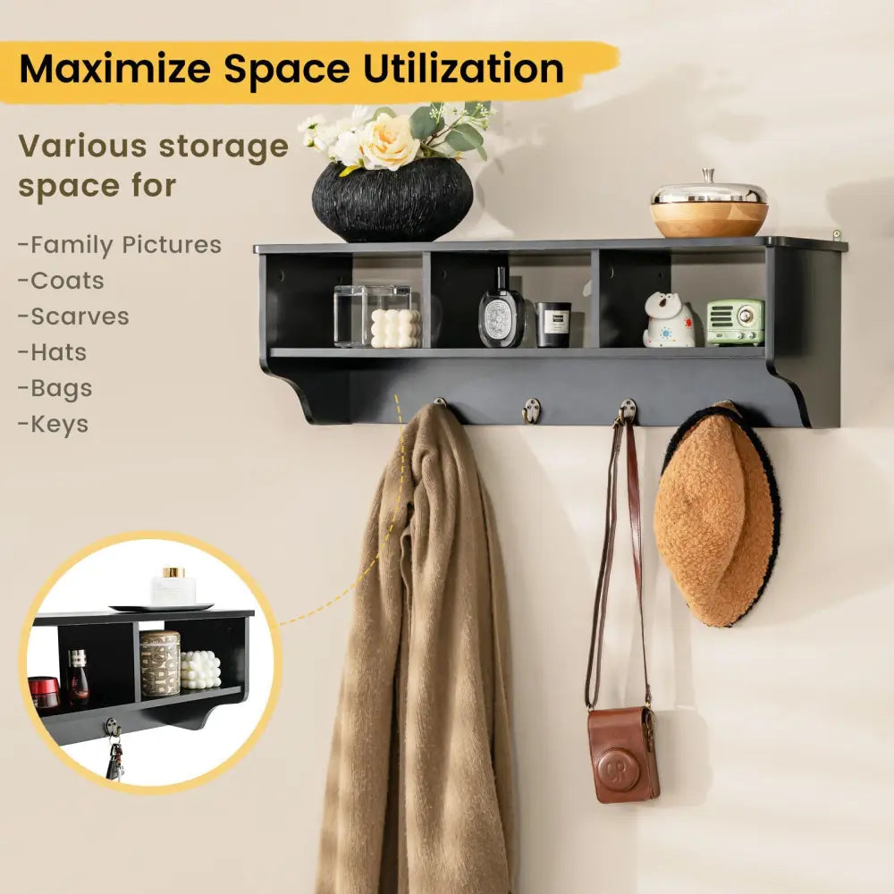 Wall Mount Cubby Organizer Hooks Entryway Storage Shelf-Black - Black - Coat Racks & Hall Trees