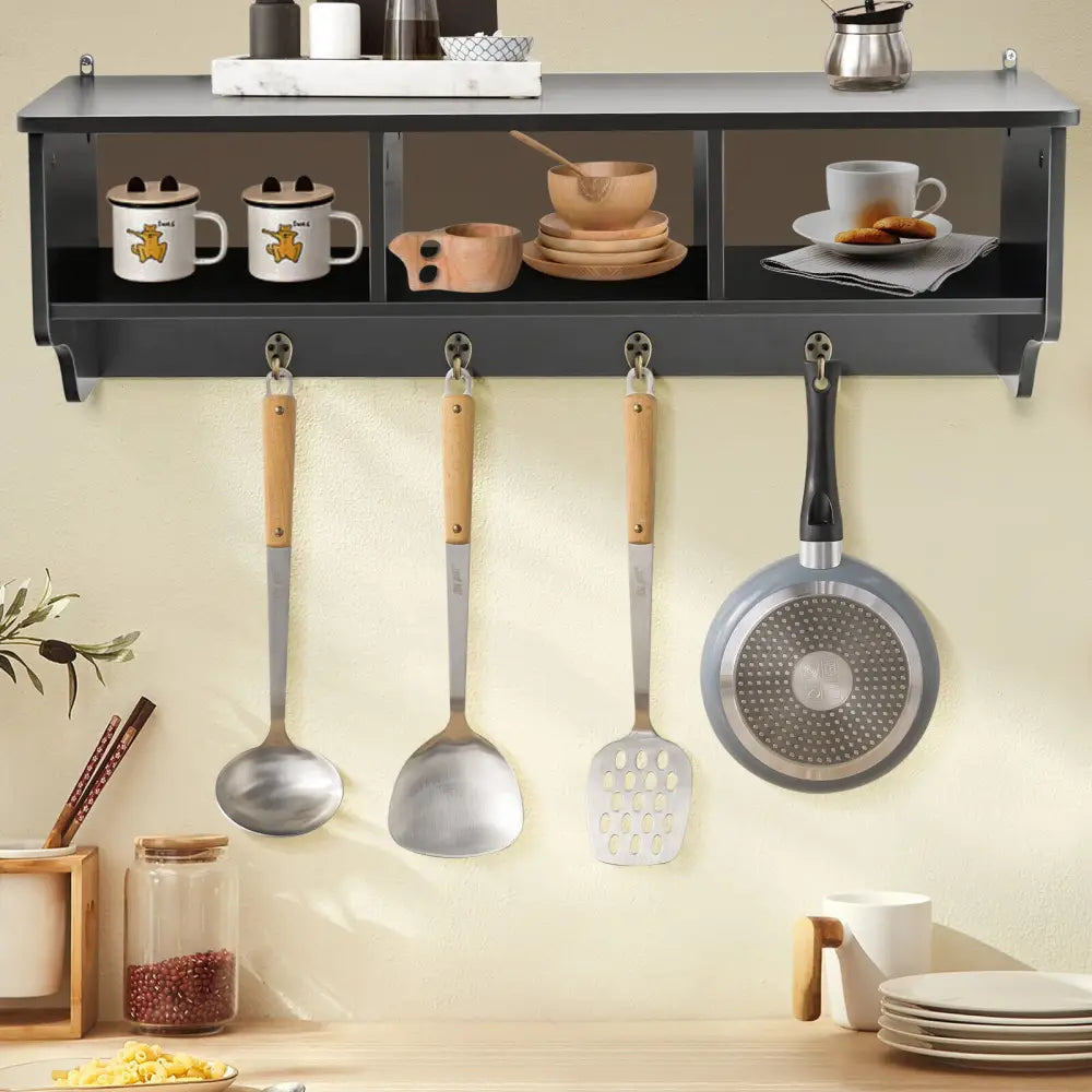 Wall Mount Cubby Organizer Hooks Entryway Storage Shelf-Black - Black - Coat Racks & Hall Trees