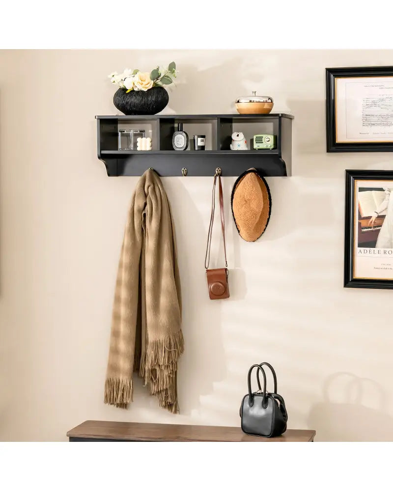 Wall Mount Cubby Organizer Hooks Entryway Storage Shelf-Black - Black - Coat Racks & Hall Trees