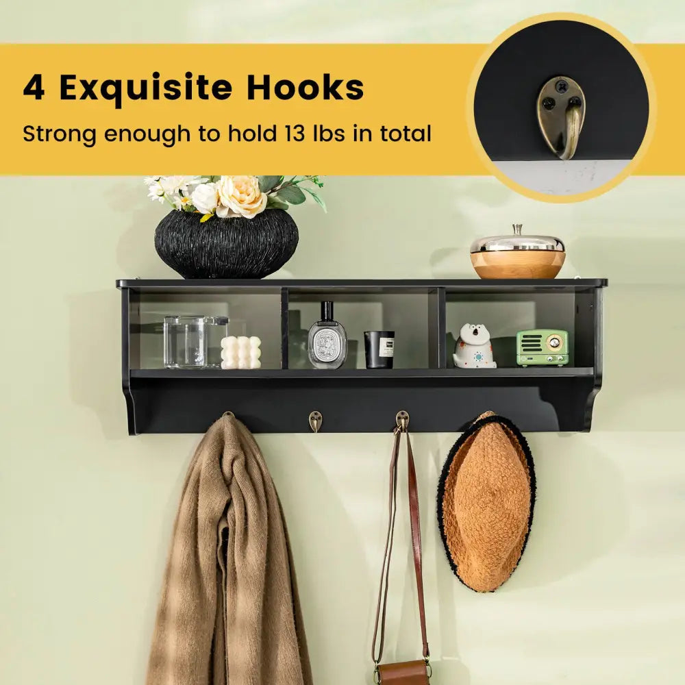 Wall Mount Cubby Organizer Hooks Entryway Storage Shelf-Black - Black - Coat Racks & Hall Trees