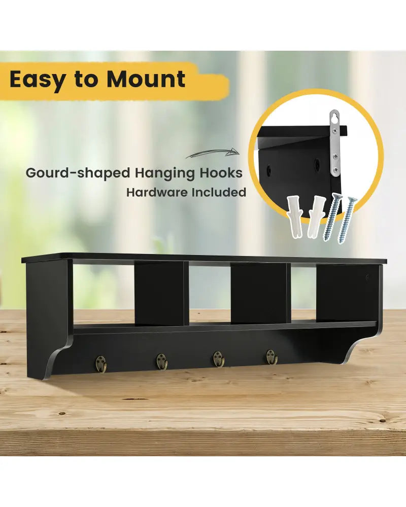 Wall Mount Cubby Organizer Hooks Entryway Storage Shelf-Black - Black - Coat Racks & Hall Trees