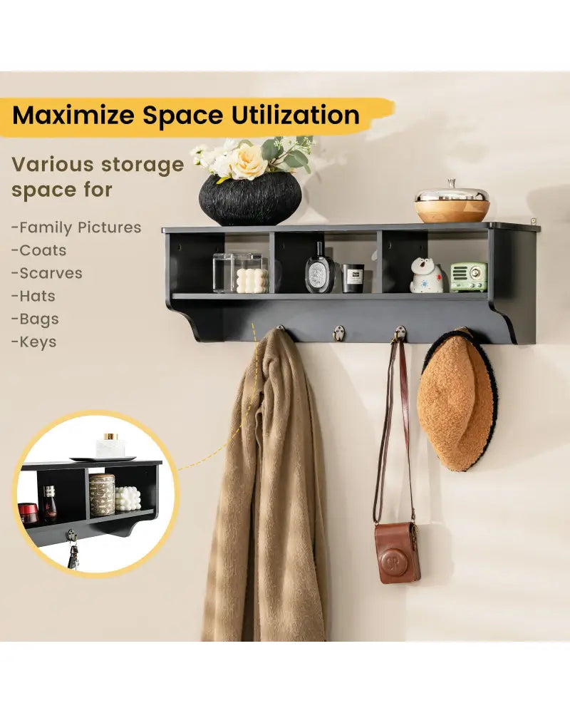 Wall Mount Cubby Organizer Hooks Entryway Storage Shelf-Black - Black - Coat Racks & Hall Trees