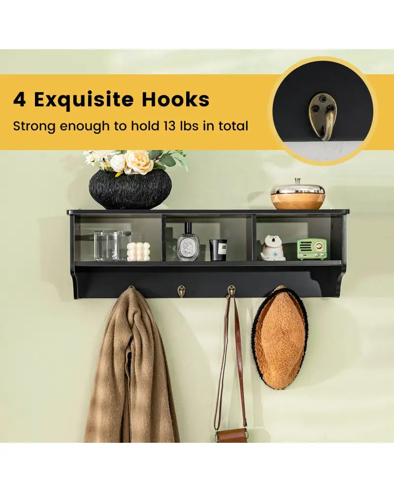 Wall Mount Cubby Organizer Hooks Entryway Storage Shelf-Black - Black - Coat Racks & Hall Trees