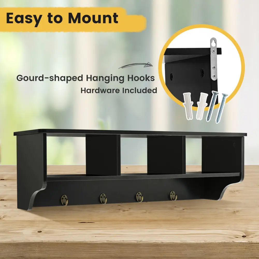 Wall Mount Cubby Organizer Hooks Entryway Storage Shelf-Black - Black - Coat Racks & Hall Trees