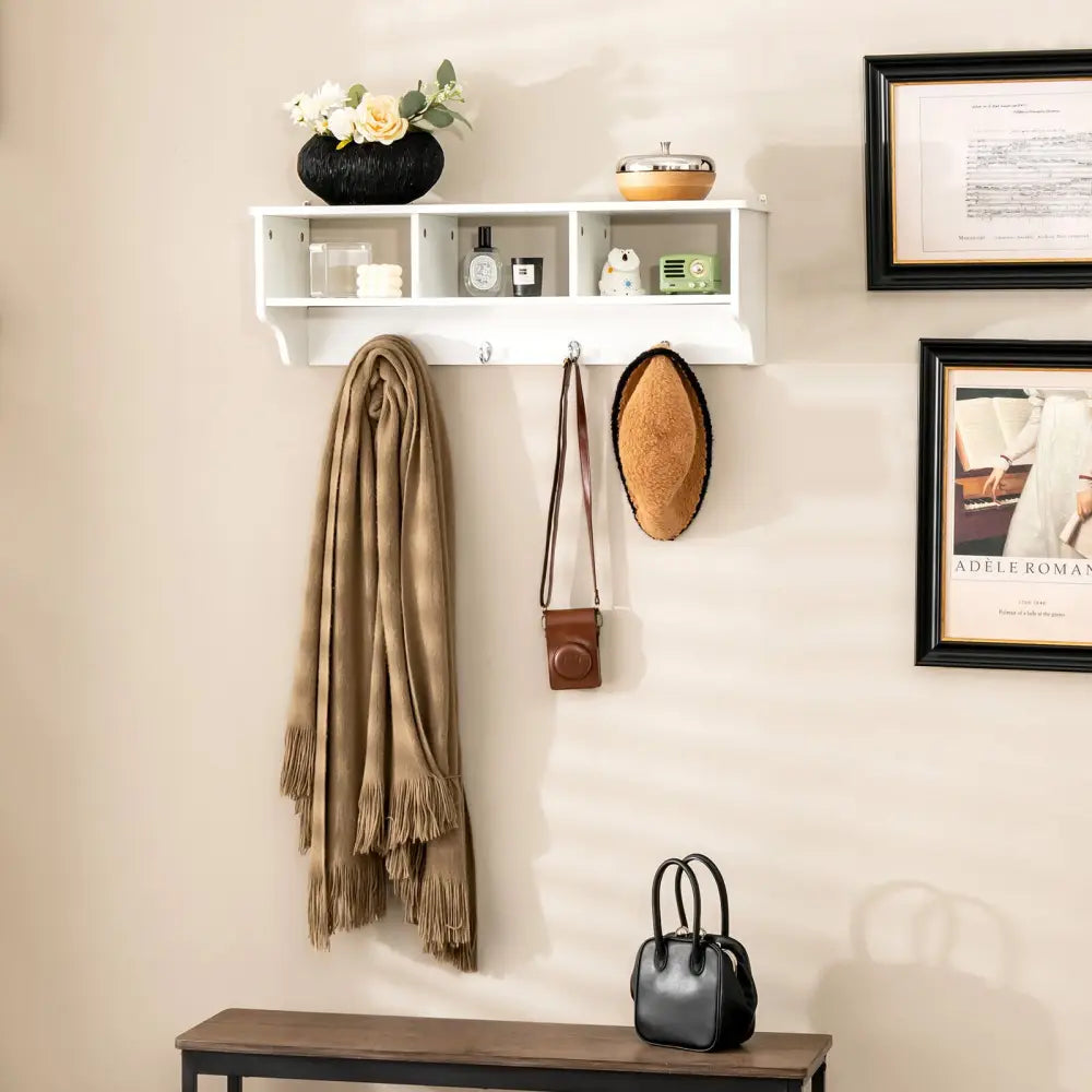 Wall Mount Cubby Organizer Hooks Entryway Storage Shelf-White - White - Coat Racks & Hall Trees
