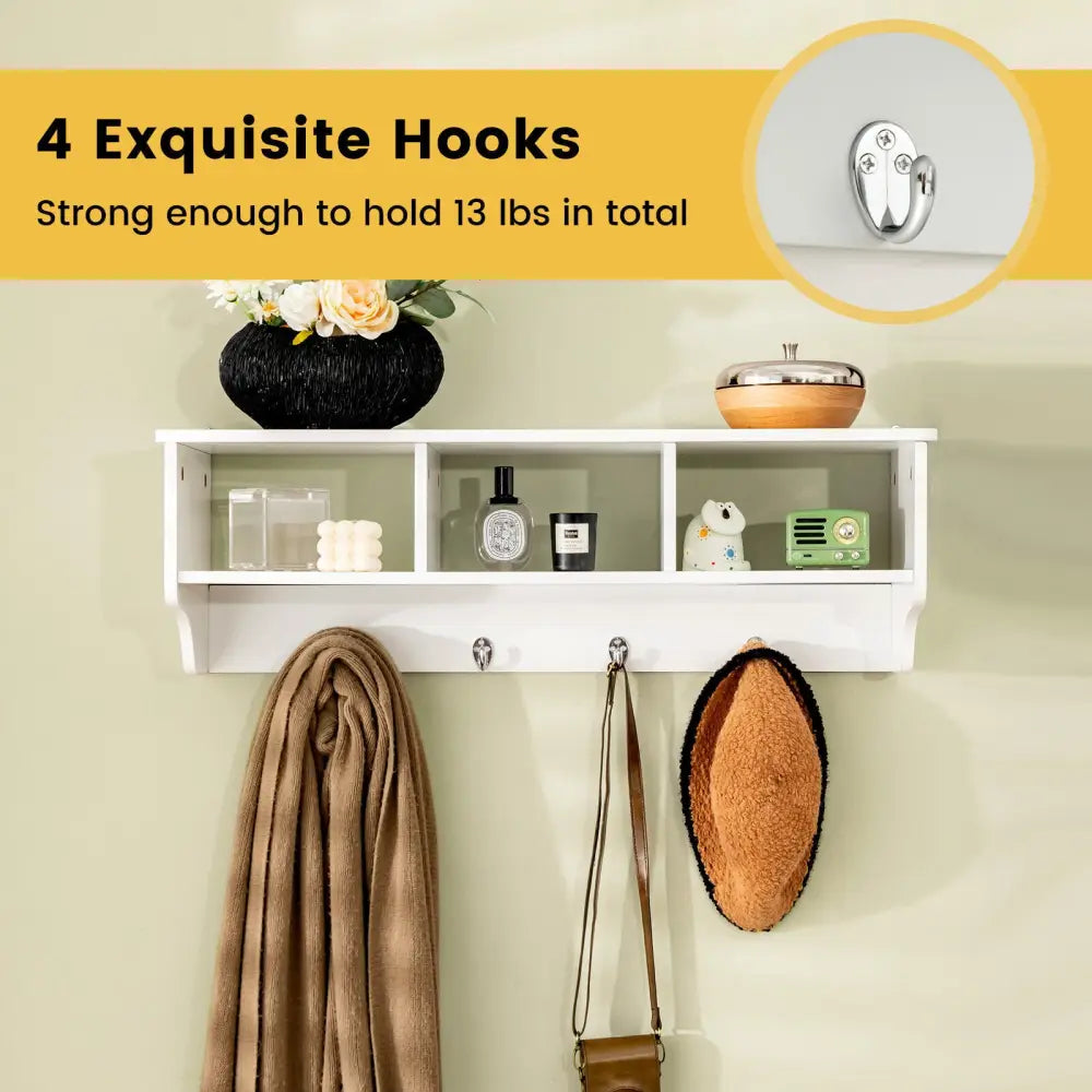 Wall Mount Cubby Organizer Hooks Entryway Storage Shelf-White - White - Coat Racks & Hall Trees