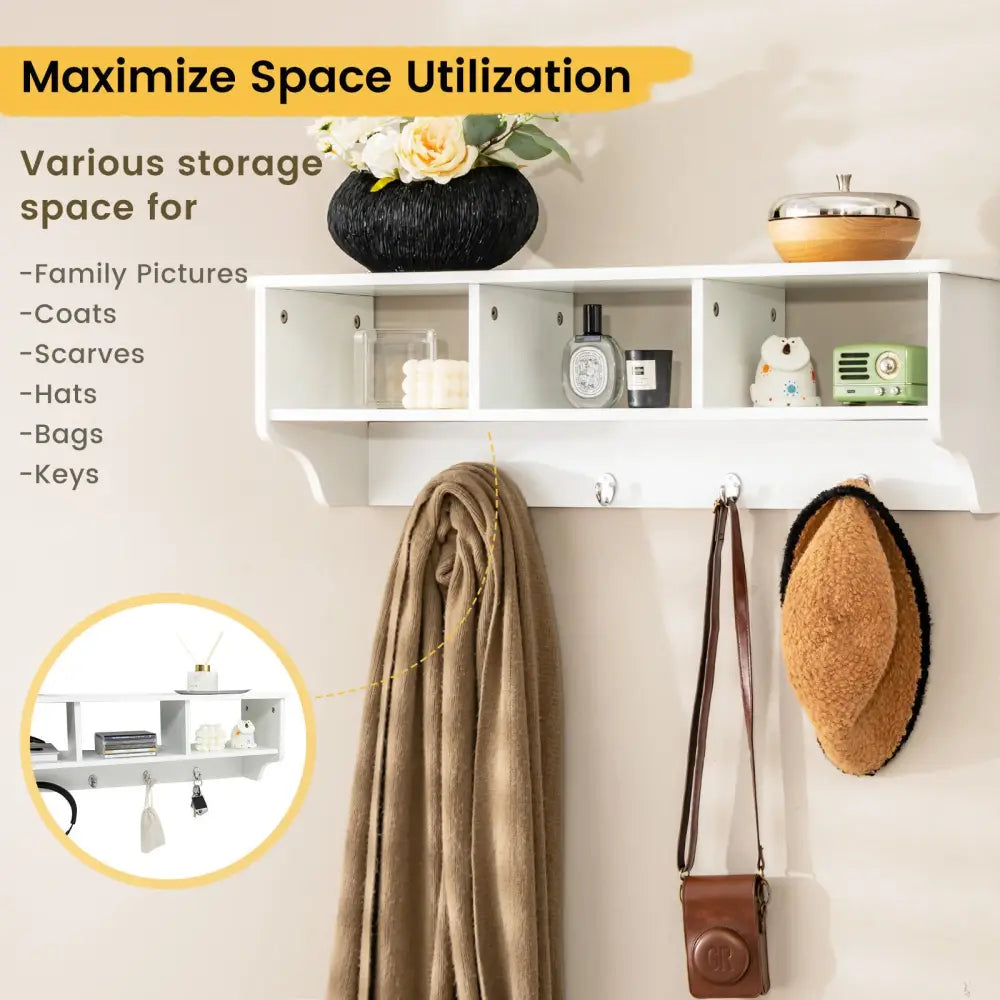 Wall Mount Cubby Organizer Hooks Entryway Storage Shelf-White - White - Coat Racks & Hall Trees