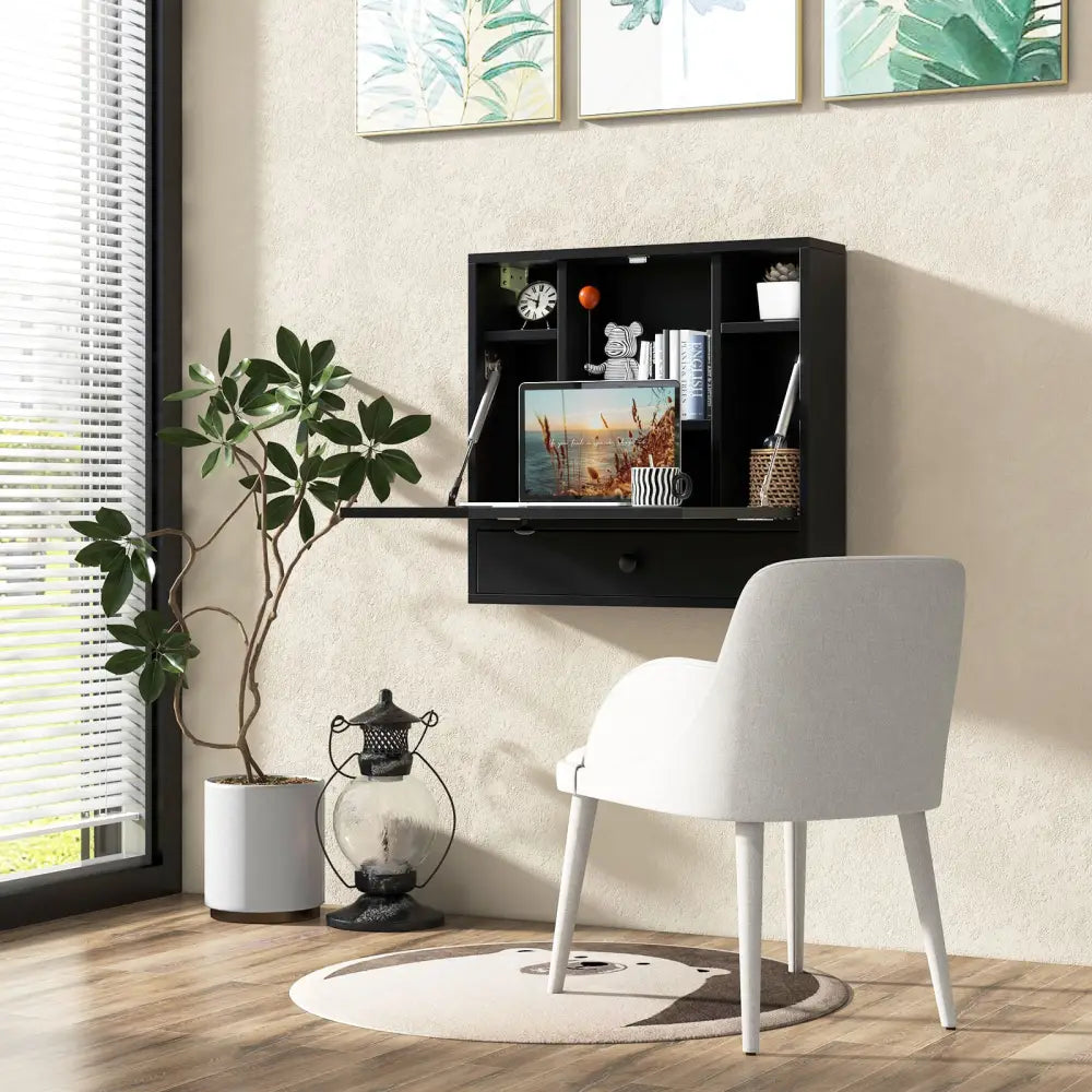 Wall-Mount Floating Desk Foldable Space Saving Laptop Workstation-Black - Black - Laptop Tables & Printer Stands