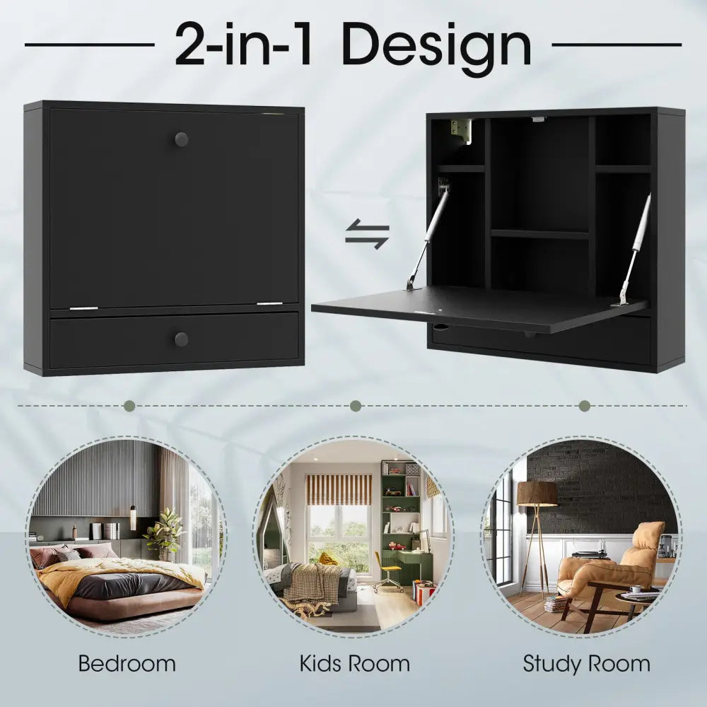 Wall-Mount Floating Desk Foldable Space Saving Laptop Workstation-Black - Black - Laptop Tables & Printer Stands
