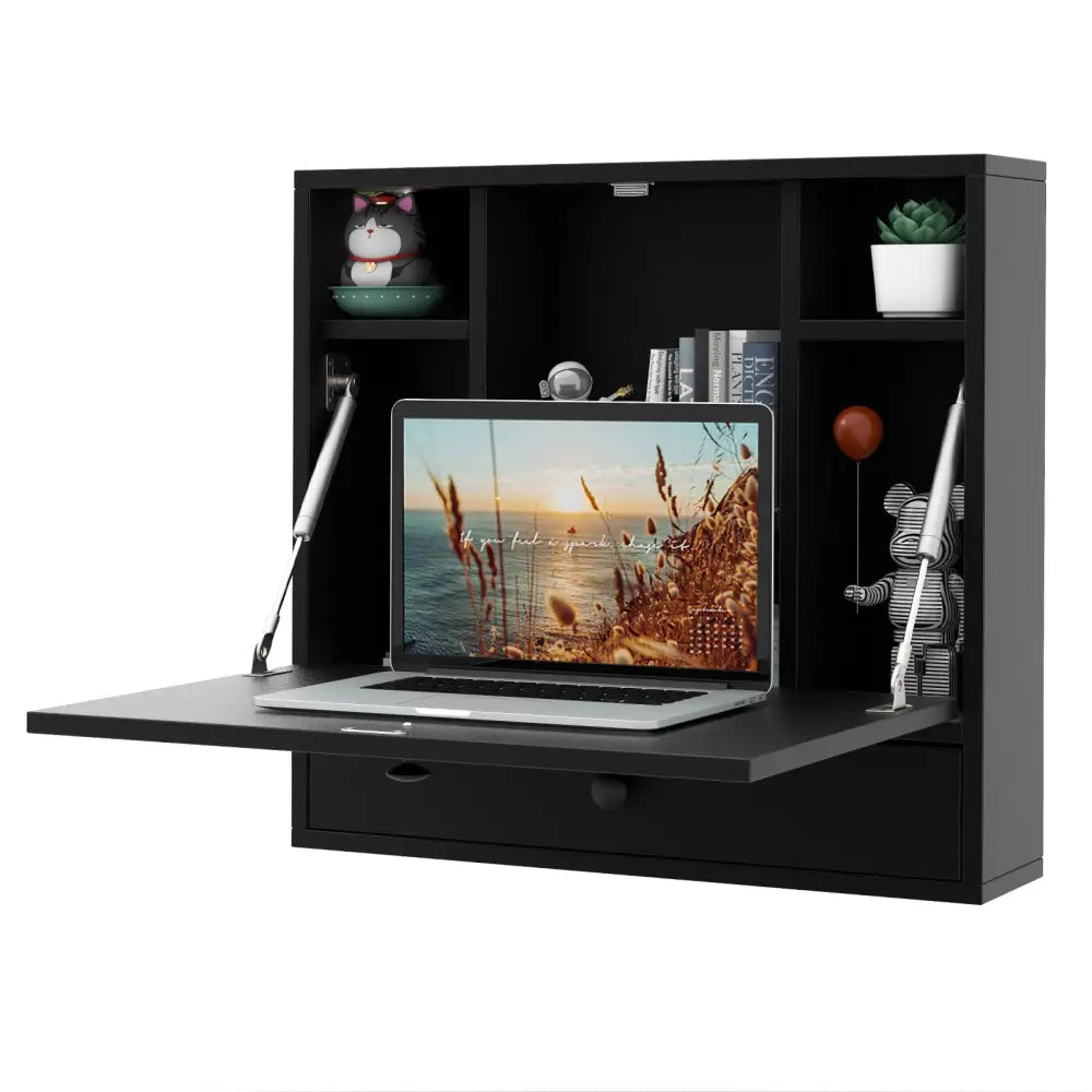 Wall-Mount Floating Desk Foldable Space Saving Laptop Workstation-Black - Black - Laptop Tables & Printer Stands