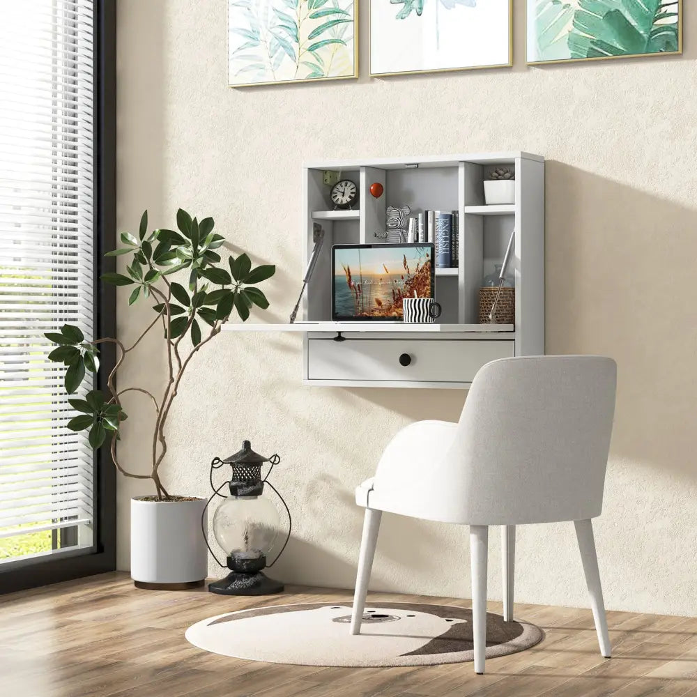 Wall-Mount Floating Desk Foldable Space Saving Laptop Workstation White - White - Laptop Tables & Printer Stands