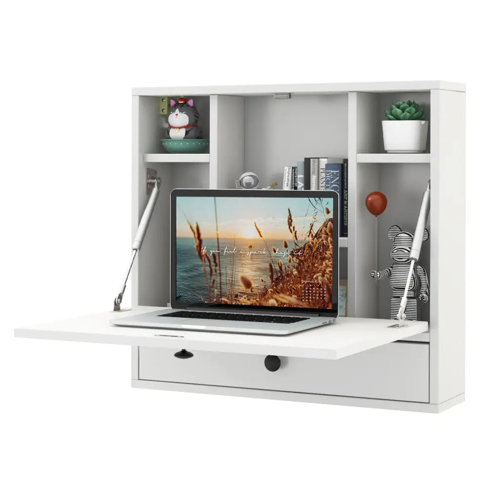 Wall-Mount Floating Desk Foldable Space Saving Laptop Workstation White - White - Laptop Tables & Printer Stands
