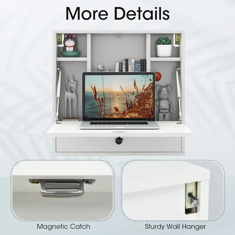 Wall-Mount Floating Desk Foldable Space Saving Laptop Workstation White - White - Laptop Tables & Printer Stands