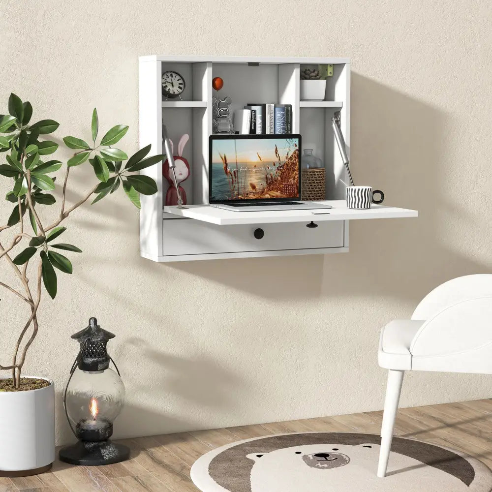 Wall-Mount Floating Desk Foldable Space Saving Laptop Workstation White - White - Laptop Tables & Printer Stands