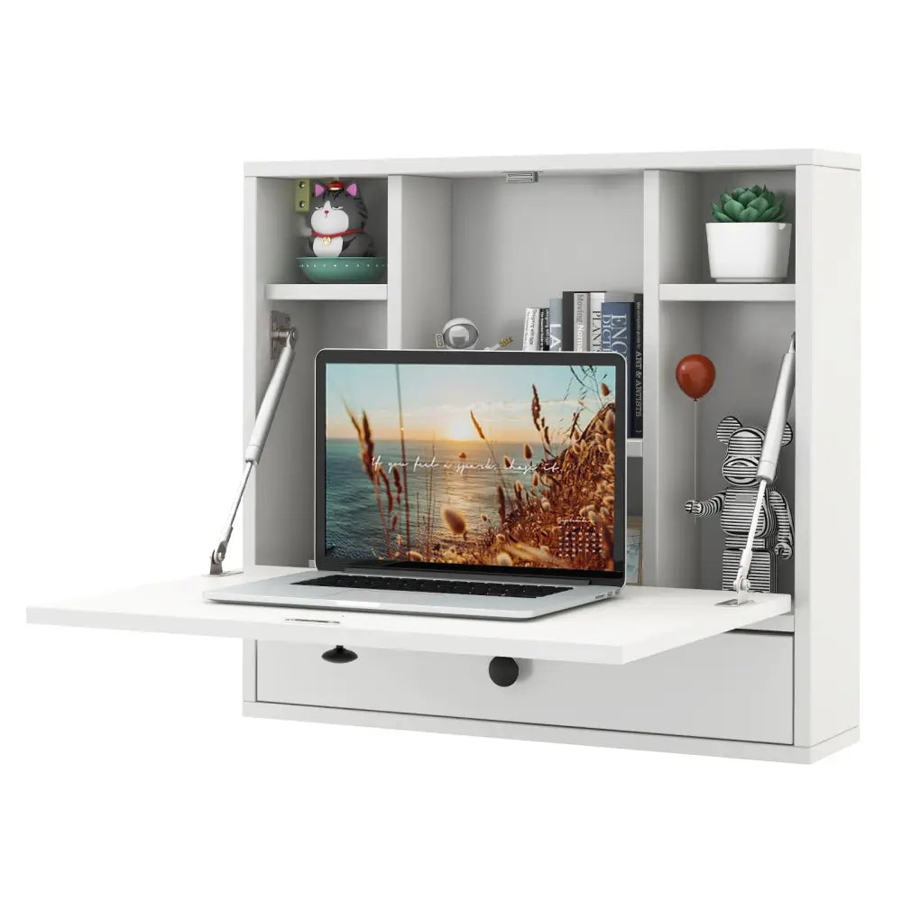 Wall-Mount Floating Desk Foldable Space Saving Laptop Workstation White - White - Laptop Tables & Printer Stands
