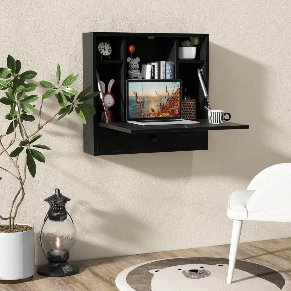 Wall-Mount Floating Desk Foldable Space Saving Laptop Workstation-Black - Black - Laptop Tables & Printer Stands