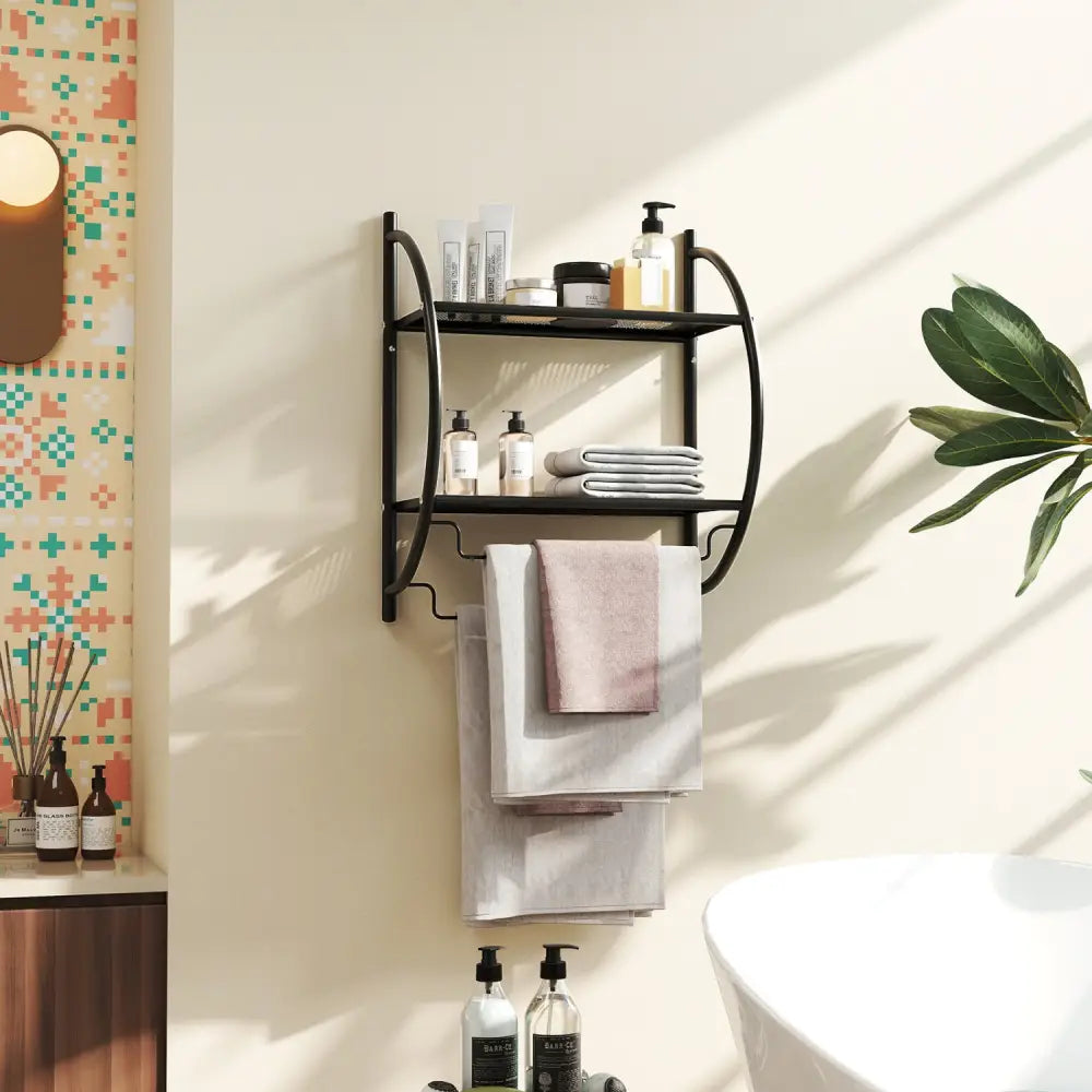 Wall Mounted 2-Tier Bathroom Towel Rack with 2 Towel Bars-Black - Black - Towel Racks