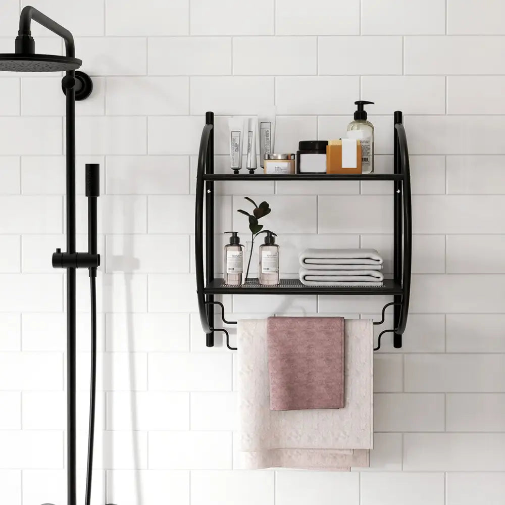 Wall Mounted 2-Tier Bathroom Towel Rack with 2 Towel Bars-Black - Black - Towel Racks